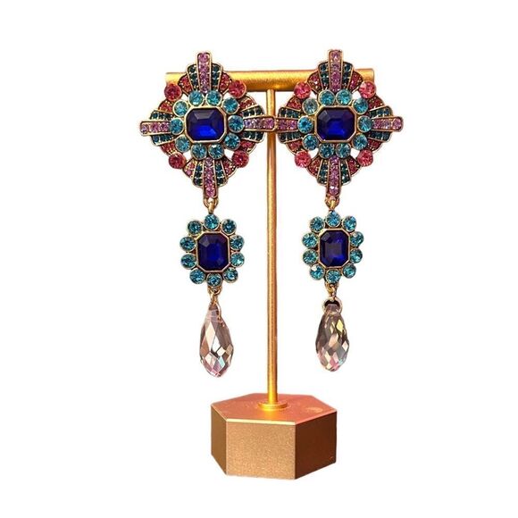 Blue Pink Teal Rhinestone Smokey Crystal Statement Dangle Earrings NWT - Picture 2 of 4